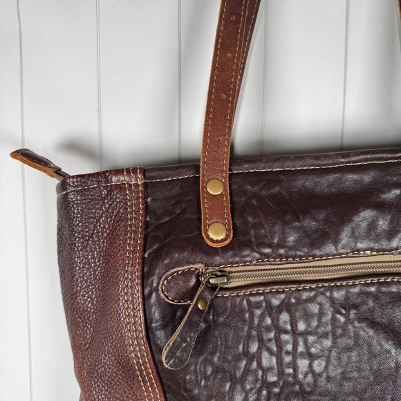 Myra Bag Cotton Carve/Leather Shoulder Bag Brown Western Boho Fashion Sq. Purse - Picture 4 of 12